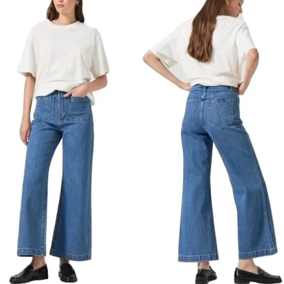 ROLLA’S High Rise Wide Leg Jeans Plus Size 34 Cotton Stretch Blue Cropped Denim - Picture 3 of 16